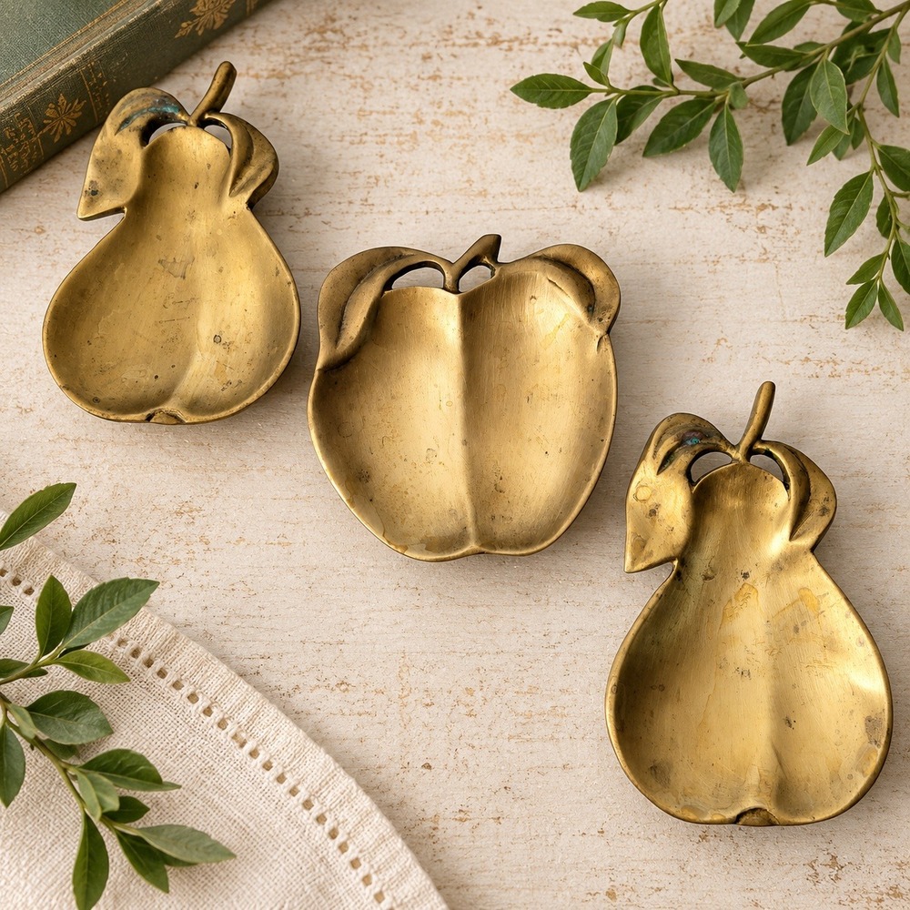 Vintage Solid Brass Apple Pear Trinket Dishes Set of 3 MCM Fruit Catchall Patina